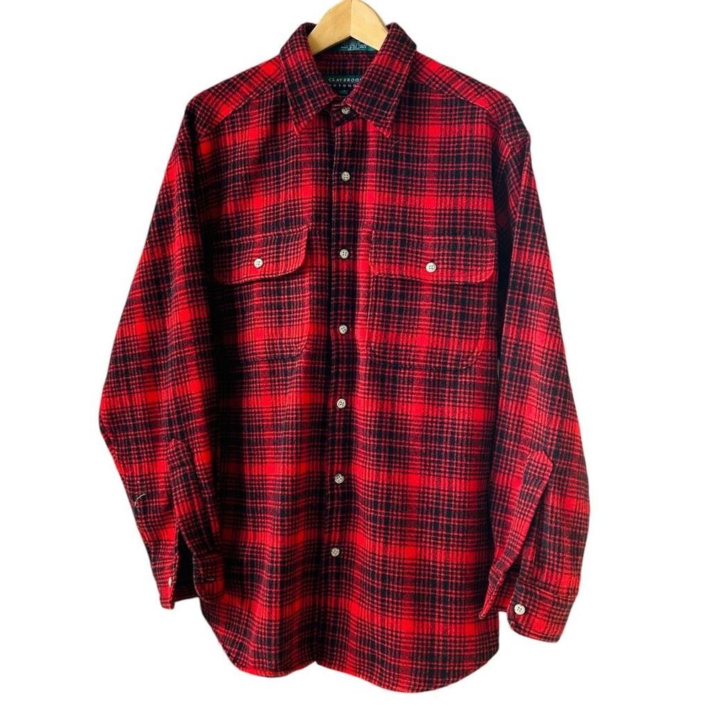 Claybrooke Outdoors Wool Blend Red Black Plaid Fannel Shirt